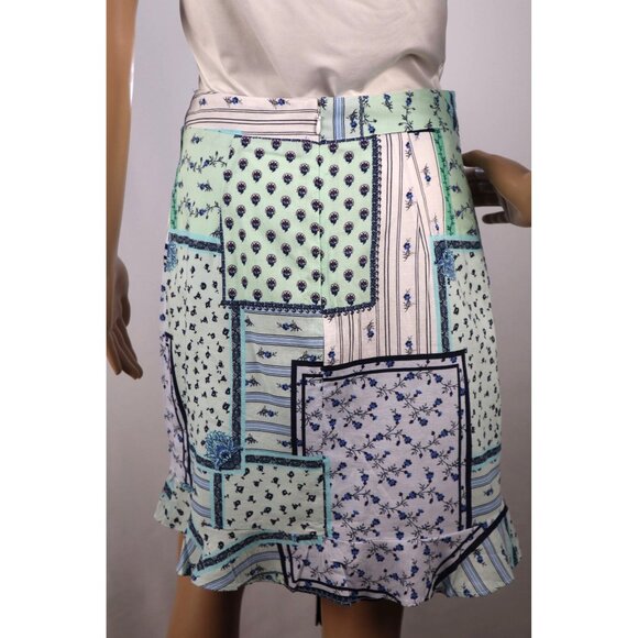 Loft Petite 2P Wrap Skirt Floral Patchwork Mint &‎ Navy Cotton Blend - Picture 3 of 9